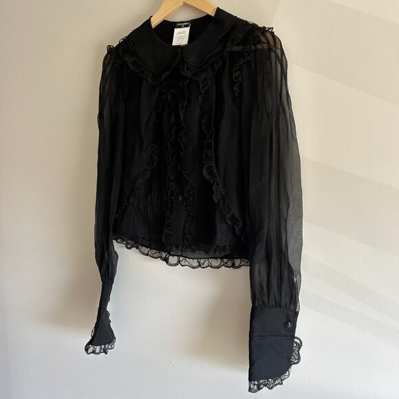 CHANEL BLACK SILK RUFFLE BLOUSE - Picture 7 of 15